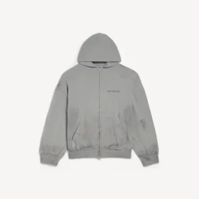 Balenciaga Herren-Hoodie mit Reißverschluss und „Balenciaga Back“-Aufdruck in Regular-Fit, Farbe: Balenciaga-Grau Balenciaga Herren-Hoodie mit Reißverschluss und „Balenciaga Back“-Aufdruck in Regular-Fit, Farbe: Balenciaga-Grau