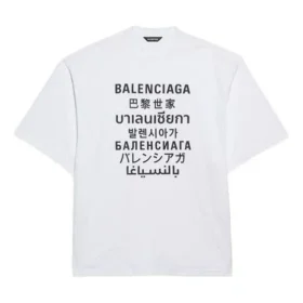 Balenciaga Herren-Pullover mit Rundhalsausschnitt, Kurzarm, weiß, mit Schriftzug, 641614TJVI39040