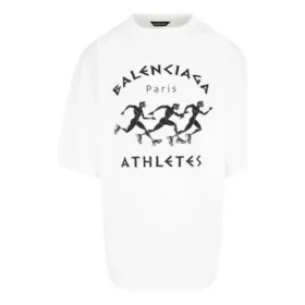 Balenciaga Herren SS21 Marathon-Laufshirt mit Laufmuster-Print und Logo, kurzärmelig, weiß 641614TJVK69040 Balenciaga Herren SS21 Marathon-Laufshirt mit Laufmuster-Print und Logo, kurzärmelig, weiß 641614TJVK69040