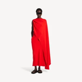 Damenkleid mit Drapierung in Sonnenuntergangsrot