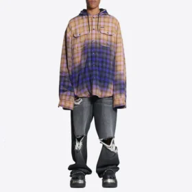 Gebleichtes kariertes Langarm-Kapuzenshirt „Purple Beige“ 699223TMM095212
