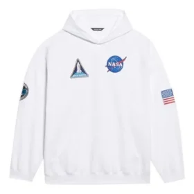Herren Balenciaga x NASA FW21 Crossover-Logo Baumwolle Klassischer Kapuzenpullover, locker geschnitten, langärmelig, weiß 651799TKVD89040 Herren Balenciaga x NASA FW21 Crossover-Logo Baumwolle Klassischer Kapuzenpullover, locker geschnitten, langärmelig, weiß 651799TKVD89040