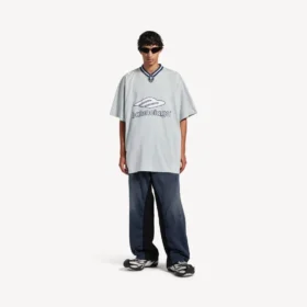 Herren-Fußball-T-Shirt 3b mit V-Ausschnitt, Oversize, in Grau/Weiß
