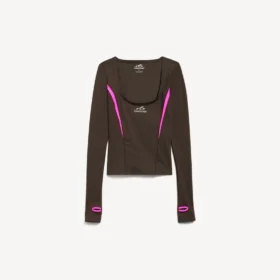Tailliertes Langarm-Techwear-Oberteil für Damen in Khaki-Braun/Neon-Pink