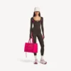 Tailliertes Langarm-Techwear-Oberteil für Damen in Khaki-Braun/Neon-Pink