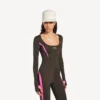 Tailliertes Langarm-Techwear-Oberteil für Damen in Khaki-Braun/Neon-Pink